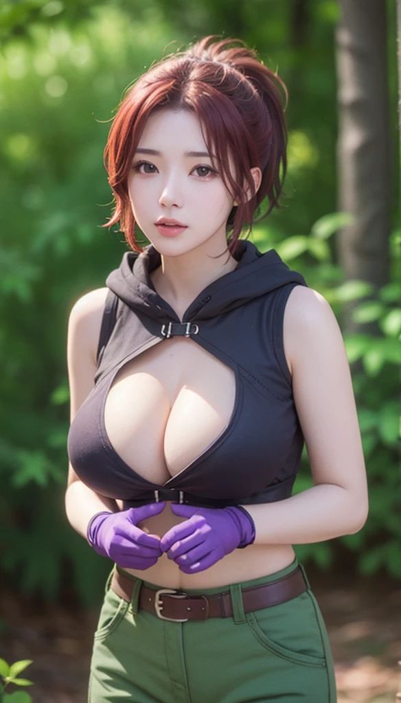 photorealistic, (4k), depth of field, (Masterpiece), (realistic skin texture), extremely detailed, intricate, hyper detailed, professional photography, bokeh, high resolution, sharp detail, best quality, woman, short ponytail, red hair, red eyes, (purple top:1.3), cleavage cutout, shoulder cutout, hood down, green pants, fingerless gloves, leather belt,  sneaking in forest, (lush vegetation:1.5), bushes, trees, leaves,((very Big breasts 1.9)), very Big breasts, bursting breast, ultra huge breast, large breast 