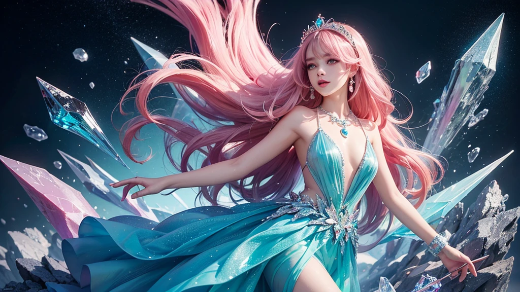 Highest quality,masterpiece,16K,One girl, bangs, Exposing shoulders, chest, Crown, crystallization, dress, From the side, gem,Colorful crystallizations,Crystal Headwear,There are many crystallizations on the clothes,Colorful Gradient Hair,カラフルなdress,Colorful crystals floating,Body crystals,Crystal Necklace,Colorful crystallization decoration,crystalline girl, Gradient Hair, jewelry, Long Hair, compensate, medium chest, Multicolored Hair, Pink Hair, alone, tiara