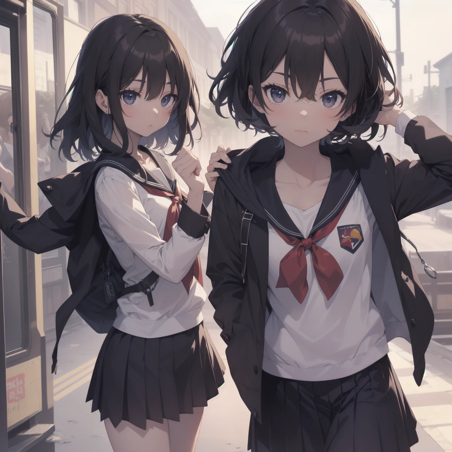 ultra-absurdres-Top quality by artist God, ultra-detailed, high resolution, anime moe artstyle, best anime 8k konachan wallpaper, pixiv contest winner, pool:2810, perfect ???????,break, 1girl, (Please draw a girl walking sleepily to school alone. )break,(Solo,little female, 13-year-old:1.3),Full limbs, complete fingers,a junior high school student, (very short hair), short cut, flat chest, , small butt, small black eyes, beautiful detailed eyes, well-proportioned iris and pupils, expressive eyes, highres detailed hair, soft expression, salor school_uniform, sailor collar, serahuku, bow, pleated skirt,(Detailed Lighting), (Detailed background), in the School commute route. break,super detailed skin, Best cinematic lighting powered by famous artist, 8k,beauty illustration,photoshop_(medium),very aesthetic,break,((artist:yuuhagi_(amaretto-no-natsu) )), artist:clamp ,artist:carnelian ,artist:kantoku ,
