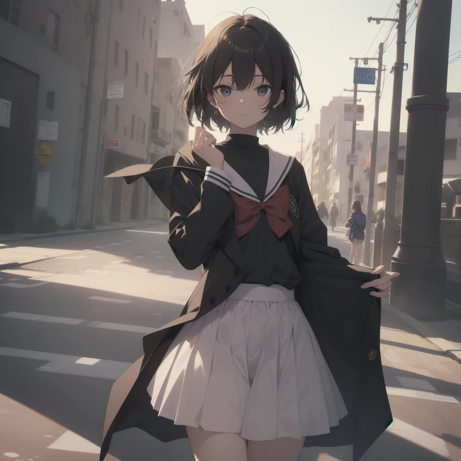 ultra-absurdres-Top quality by artist God, ultra-detailed, high resolution, anime moe artstyle, best anime 8k konachan wallpaper, pixiv contest winner, pool:2810, perfect anatomy,break, 1girl, (Please draw a girl walking sleepily to school alone. )break,(Solo,little female, 13-year-old:1.3),Full limbs, complete fingers,a junior high school student, (very short hair), short cut, flat chest, , small butt, small black eyes, beautiful detailed eyes, well-proportioned iris and pupils, expressive eyes, highres detailed hair, soft expression, salor school_uniform, sailor collar, serahuku, bow, pleated skirt,(Detailed Lighting), (Detailed background), in the School commute route. break,super detailed skin, Best cinematic lighting powered by famous artist, 8k,beauty illustration,photoshop_(medium),very aesthetic,break,((artist:yuuhagi_(amaretto-no-natsu) )), artist:clamp ,artist:carnelian ,artist:kantoku ,
