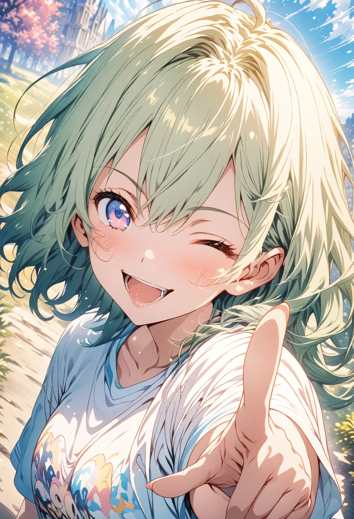 masterpiece, Highest quality, Highly detailed CG Unity 8K wallpapers, High  Girl Anime Illustration. Wearing an oversized T-shirt、She is pointing her finger、Green Hair、she has her eyes closed and mouth open, smile. The background is a light pastel colored landscape