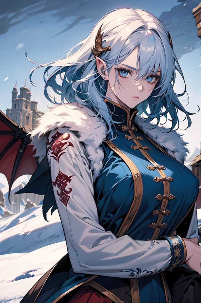 Female dragon, medium hair, blue colored eyes, Defined physique, medieval clothes, scales on the neck and pointed ears, medieval tattoos, on a snowy mountain, extreme detail, dynamic lighting.