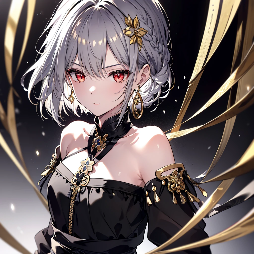 8k,High resolution RAW color art,Anime Art,Silver Marble Skin, (((Very detailed and cool))), Detailed skin, Blur、texture,(Exquisitely crafted, The finer details, Ultra-detailed art), (((1 girl))), Depth of written boundary, Silky Touch, Hyper Detail, (((Cool face))), eye shadow、Armed women, Beautiful detailed red eyes, Beautiful lip detail, Highly detailed face, Delicate depiction of hair and eyes, Detailed Fashion, Golden earrings,Full body depiction, Black half top、(((Shoulder Bare)))、Black shorts、Waistマント、black tights、Golden decoration, Grey Hair, Golden bracelet, Straight Hair、Short Hair、(((Hair)))、Simple Background、(((Black theme)))、snow、Draw your sword(Black sword、Waist、)、look down、cloth、Clear face