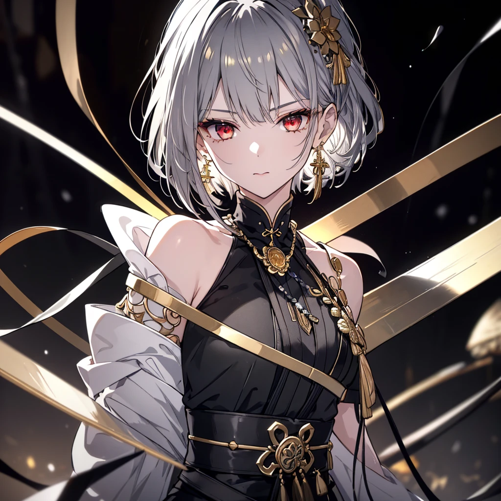 8k,High resolution RAW color art,Anime Art,Silver Marble Skin, (((Very detailed and cool))), Detailed skin, Blur、texture,(Exquisitely crafted, The finer details, Ultra-detailed art), (((1 girl))), Depth of written boundary, Silky Touch, Hyper Detail, (((Cool face))), eye shadow、Armed women, Beautiful detailed red eyes, Beautiful lip detail, Highly detailed face, Delicate depiction of hair and eyes, Detailed Fashion, Golden earrings,Full body depiction, Black half top、(((Shoulder Bare)))、Black shorts、Waistマント、black tights、Golden decoration, Grey Hair, Golden bracelet, Straight Hair、Short Hair、(((Hair)))、Simple Background、(((Black theme)))、snow、Draw your sword(Black sword、Waist、)、look down、cloth、Clear face