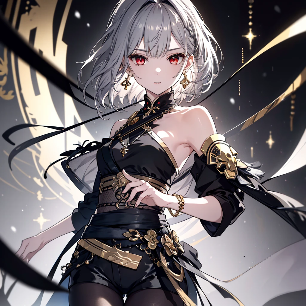 8k,High resolution RAW color art,Anime Art,Silver Marble Skin, (((Very detailed and cool))), Detailed skin, Blur、texture,(Exquisitely crafted, The finer details, Ultra-detailed art), (((1 girl))), Depth of written boundary, Silky Touch, Hyper Detail, (((Cool face))), eye shadow、Armed women, Beautiful detailed red eyes, Beautiful lip detail, Highly detailed face, Delicate depiction of hair and eyes, Detailed Fashion, Golden earrings,Full body depiction, Black half top、(((Shoulder Bare)))、Black shorts、Waistマント、black tights、Golden decoration, Grey Hair, Golden bracelet, Straight Hair、Short Hair、(((Hair)))、Simple Background、(((Black theme)))、snow、Draw your sword(Black sword、Waist、)、look down、cloth、Clear face