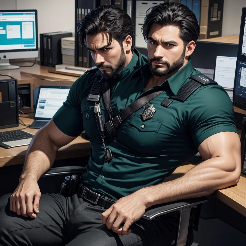 masterpiece, best quality, anime style, man 40-year-old, short beard, serious, policeman, sitting on his office, investigator, black hair, green eyes, tired, muscled body, anime man