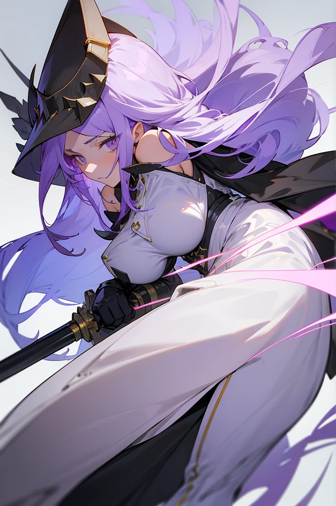 (Beautiful woman,Royal Knights),Light purple hair、Long Hair、Portrait of a noble knight,Speed Line,Combat Stance,Wield a huge weapon,Expressionless,Faint-hearted face、the below described,magma,Big Scythe、Stocky body、Shoulders out、White background、Fullbody、White clothes、Human ear、alone、Facing forward