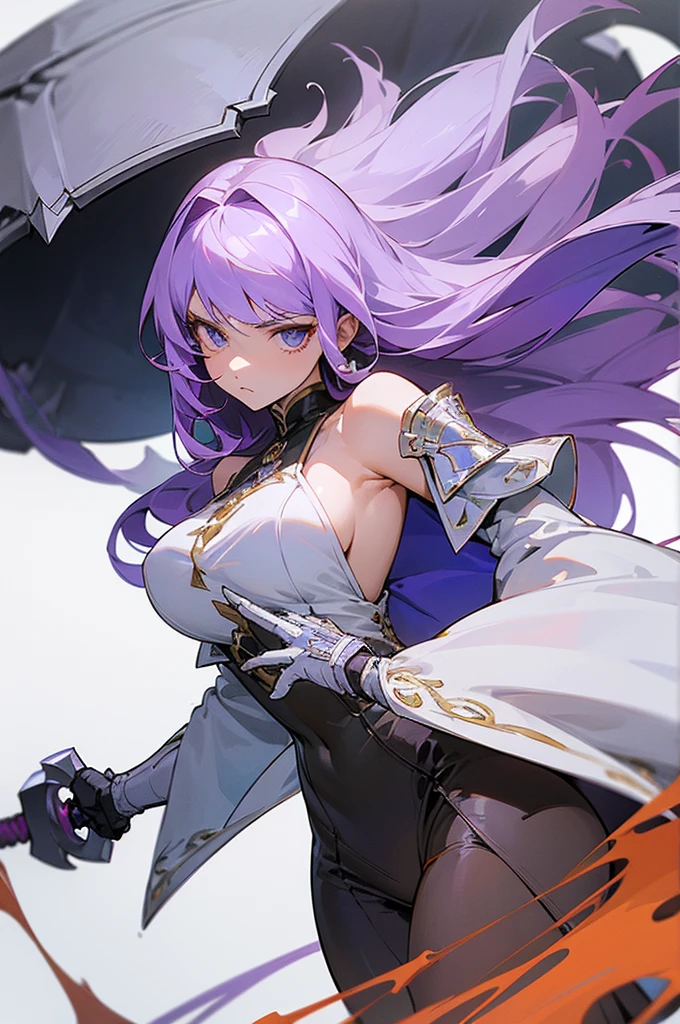 (Beautiful woman,Royal Knights),Light purple hair、Long Hair、Portrait of a noble knight,Speed Line,Combat Stance,Wield a huge weapon,Expressionless,Faint-hearted face、the below described,magma,Big Scythe、Stocky body、Shoulders out、White background、Fullbody、White clothes、Human ear、alone、Facing forward