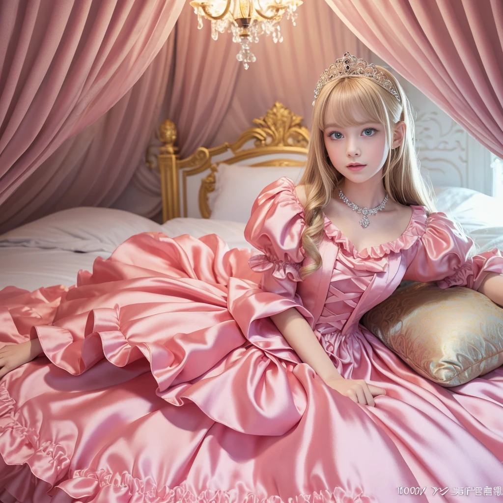 ,highest quality, masterpiece, highest resolution, artwork, super それにget used to it, many get used to it, get used to it, それにget used to it, 3K realistic photos,,(( girl)),Super detailed baby face,Srincess,Full length ball gown dress with hoop skirt,ruffle yoke collar,puff sleeves,long sleeve,((Lolita style hot pink detailed princess satin dress、Comes with lots of frills and ribbons。)),colorful rococo fashion,shiny satin dress,Soft and smooth fabric,luxury,long blonde hair,blue eyes,white skin european,pajamas,((inside the palace)),,,((  of 10 years old)),Superby face,Full length ball gown h hoop skirt,long skirt,ruffle yoke collar,puff sleeves,腰まで伸びるlong blonde hair,blue eyes,white skin european,pajamas,((inside the palace bedroom)),ピンクのシルクサテンのluxuryなcanopy bedの上,canopy bed,Luxurious curtains on both sides of the bed,many frilly pillows on the bed,super detailed background,Detailed bed,romantic atmosphere,the little princess is on the bed,hug a pink ,((((Both legs are hidden in the dress)))),the dress is spread out on the bed,soft pink silk satin comforter,soft silk satin ruffled pillow,Beautiful girl illustration,detailed beautiful face detailed hair,detailed human eye ,detailed mouth, arm details,fine hands,Detailed pillow,