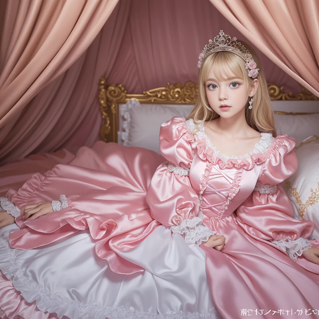 ,highest quality, masterpiece, highest resolution, artwork, super それにget used to it, many get used to it, get used to it, それにget used to it, 3K realistic photos,,(( girl)),Super detailed baby face,Srincess,Full length ball gown dress with hoop skirt,ruffle yoke collar,puff sleeves,long sleeve,((Lolita style hot pink detailed princess satin dress、Comes with lots of frills and ribbons。)),colorful rococo fashion,shiny satin dress,Soft and smooth fabric,luxury,long blonde hair,blue eyes,white skin european,pajamas,((inside the palace)),,,((  of 10 years old)),Superby face,Full length ball gown h hoop skirt,long skirt,ruffle yoke collar,puff sleeves,腰まで伸びるlong blonde hair,blue eyes,white skin european,pajamas,((inside the palace bedroom)),ピンクのシルクサテンのluxuryなcanopy bedの上,canopy bed,Luxurious curtains on both sides of the bed,many frilly pillows on the bed,super detailed background,Detailed bed,romantic atmosphere,the little princess is on the bed,hug a pink ,((((Both legs are hidden in the dress)))),the dress is spread out on the bed,soft pink silk satin comforter,soft silk satin ruffled pillow,Beautiful girl illustration,detailed beautiful face detailed hair,detailed human eye ,detailed mouth, arm details,fine hands,Detailed pillow,