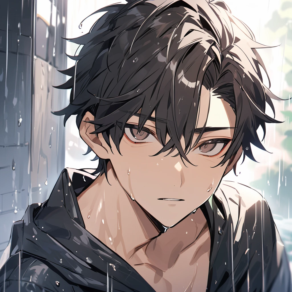 high resolution、Handsome man, 1 male, 17 years old, teenager,  Short black hair, Sharp eyes, Dark brown eyes,  Getting wet in the rain、 Stoic expression,  Lean Your Body, Well-trained body, View your viewers, 