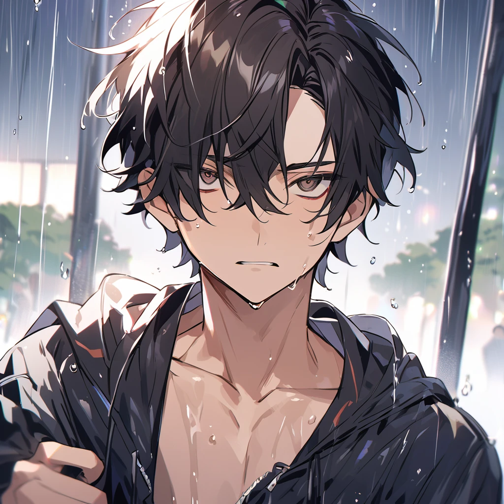 high resolution、Handsome man, 1 male, , teenager,  Sck hair, Sharp eyes, Dark brown eyes,  Getting wet in the rain、 Stoic expression,  Lean Your Body, Well-trained body, View your viewers, 