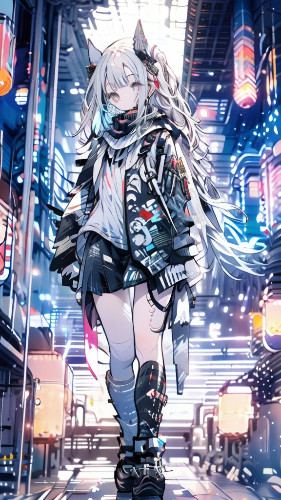 White hair, girl, twin tails, scarf, red eyes, back alley, smoking