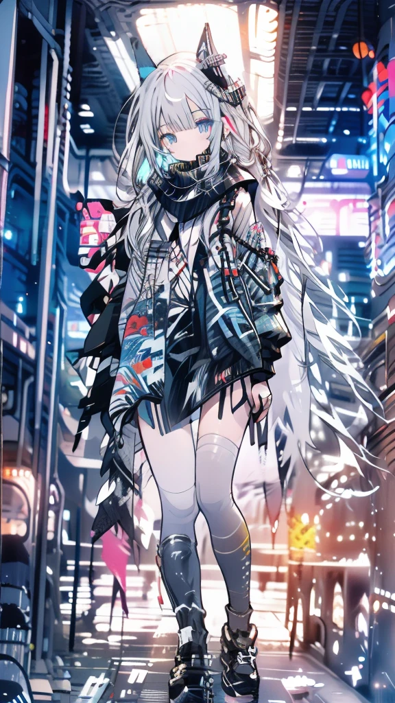 White hair, girl, twin tails, scarf, red eyes, back alley, smoking