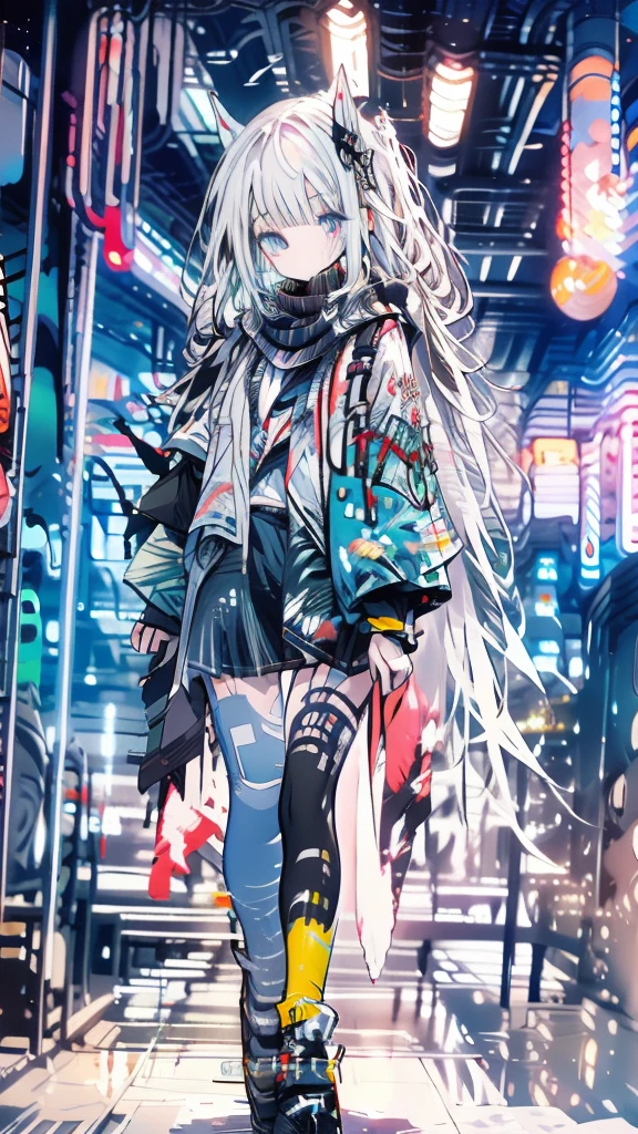 White hair, girl, twin tails, scarf, red eyes, back alley, smoking