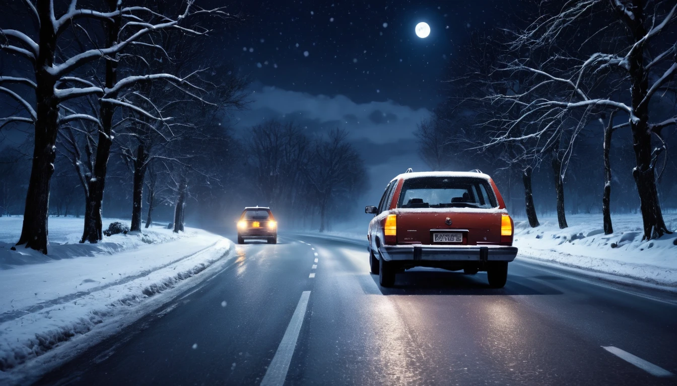 Scary horror image of a family traveling by car on the road at night ,with Snow Image , PICTURE REALISTIC, high resolution, 8k 