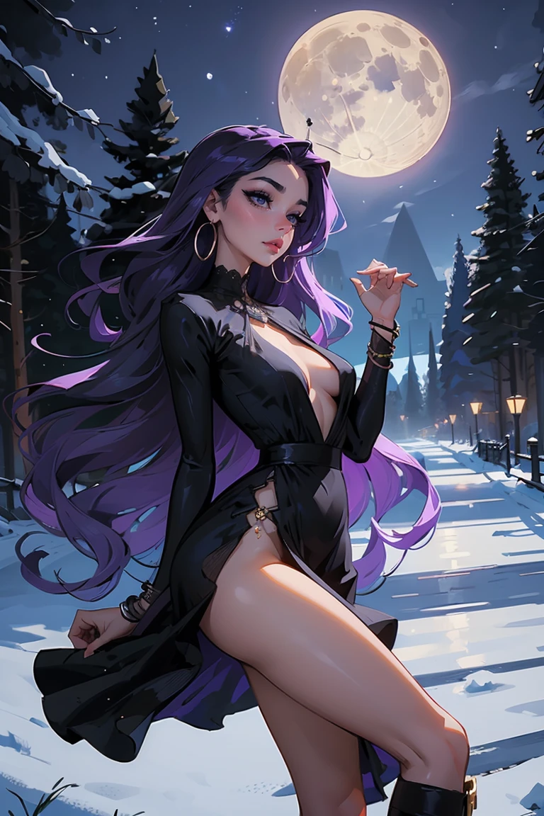 Goddess ((goddess-like woman)), slim elegant silhouette, masterpiece, (close angle), best quality, sweet face, (masterpiece:1,2, best quality), (real picture, intricate details), (1 lady , solo, medium tits, slim waistline, ), (blue eyes, Purple hair, very long hair), a woman with long hair, she has an impressive presence., long hair, bracelet, hoop earrings, jewelry, beautiful face, beautiful eyes, she looks at the viewer, she wears a black dress, Boots, sweet irresistible smile, elegant pose, elegant hands, beautiful hands, perfect fingers,, background: Park at night, Park, a beautiful park, trees, walkway, flowers, bushes, at night, beautiful full moon night, full moon