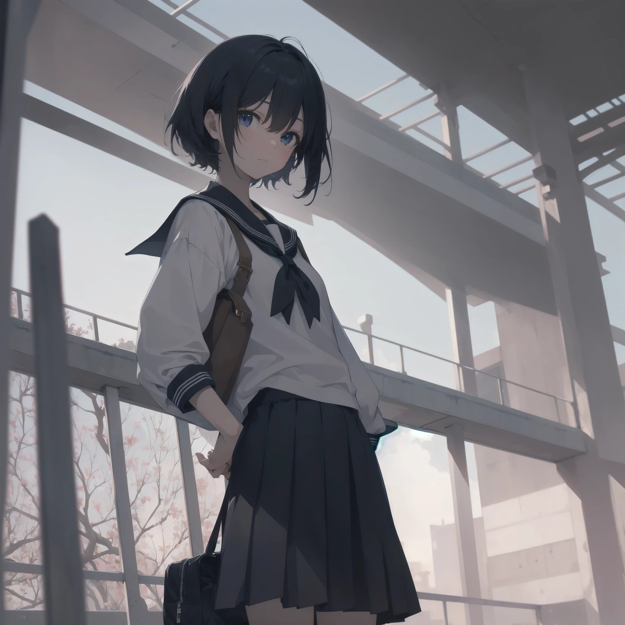 ultra-absurdres-Top quality by artist God, ultra-detailed, high resolution, anime moe artstyle, best anime 8k konachan wallpaper, pixiv contest winner, pool:2810, perfect anatomy,break, 1girl, (Please draw a girl walking sleepily to school alone. )break,(Solo,little female, 13-year-old:1.3),Full limbs, complete fingers,a junior high school student, (very short hair), short cut, flat chest, , small butt, small black eyes, beautiful detailed eyes, well-proportioned iris and pupils, expressive eyes, highres detailed hair, soft expression, salor school_uniform, sailor collar, serahuku, bow, pleated skirt,(Detailed Lighting), (Detailed background), in the School commute route. break,super detailed skin, Best cinematic lighting powered by famous artist, 8k,beauty illustration,photoshop_(medium),very aesthetic,break,((artist:yuuhagi_(amaretto-no-natsu) )), artist:clamp ,artist:carnelian ,artist:kantoku ,