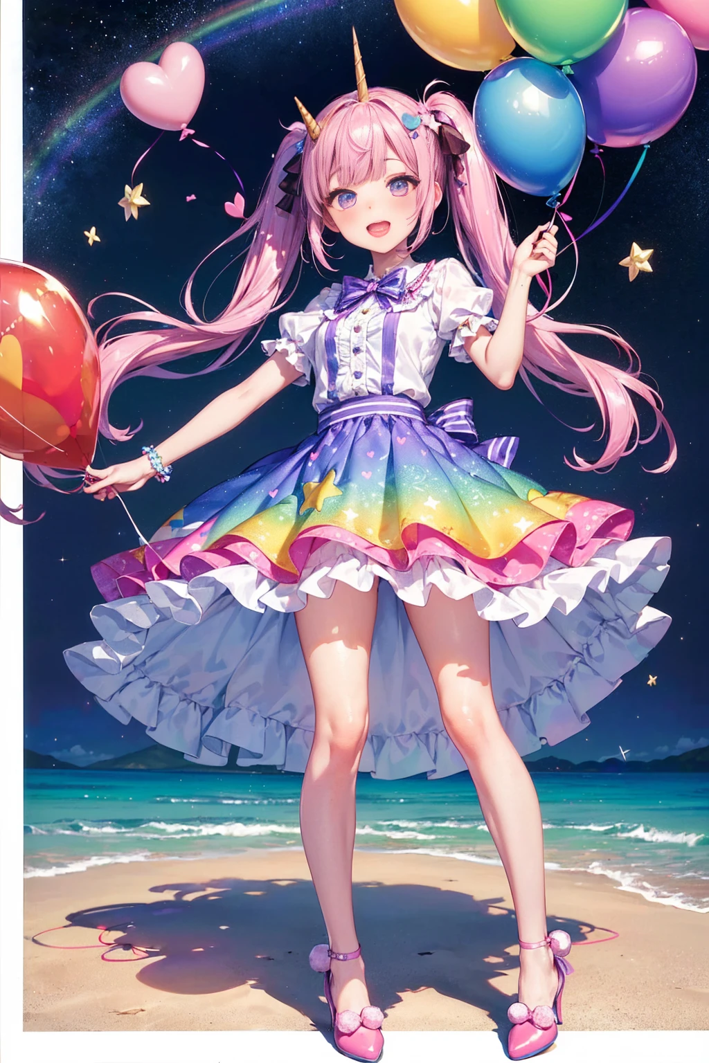 (whole body, legs and shoes visible: 1.2)) Expressive eyes, One girl, Pale skin, Long Hair, Windblown Hair, ((absurdly Long Hair)), Long Side Lock, Princess bangs, Hair bangs, Hair Bun, ((Very long twin tails)), Rainbow Hair, Light pink hair, blush, full face blush, big sparkling Pastel Purple eyes, (Gradient Eye), Laughing with your mouth open, cute pose, ((Holding a balloon : 1.3)) ((cute and pastel fashion)) ((🦄🎠🎈🎉 theme : 1.4)) A loose pastel dress, ((Dreamy multi-colored open dress)), (Floating ribbon), Lavender Frill, Pink frills, (Light blue lace), Removable short sleeves, Fluffy skirt, ((Rainbow and star printed skirt : 1.3)), ta Skirt, Purple ribbon, ((pom pom ribbon hair ornament : 1.4)), Multiple Bows, Striped lace stockings, (heart型のレッグガーター), cute (Pastel Purple) shoes ((Ultra-detailed clothing and fashion)) I'm watching you, Vintage Girl, blush, (Beautiful attention to detail), (Highly detailed CG Unity 8k wallpaper) (Best Shadow), ((Very delicate and beautiful)), (Detailed light), ((Depth of written boundary)) Big Head, Big, bright eyes, Moe, Splash Art, Cinema Lighting, Front view, volumetric lighting maximalist photo illustration k resolution high resolution intricate detailed complex key visuals precise linear ((Dreamy pastel sky background, Surrounded by sunset clouds, shooting star, Castle above the clouds)) ((Ultra-detailed landscapes, Foggy clouds, Hung by balloons, heart : 1.3))