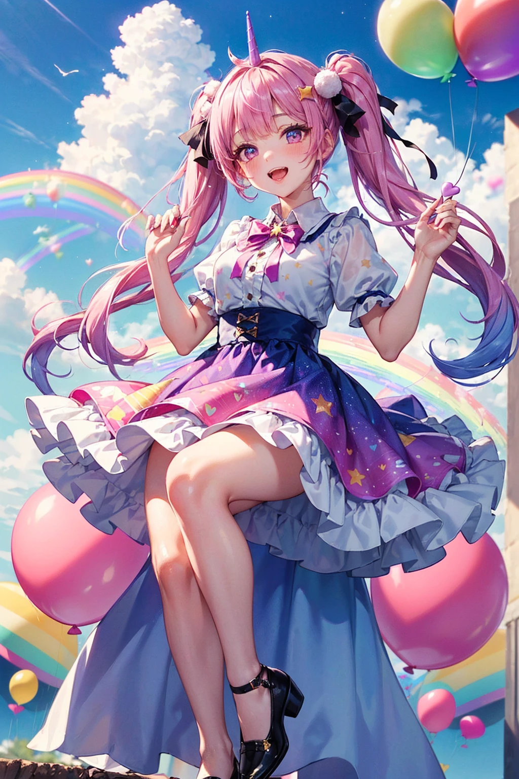 (whole body, legs and shoes visible: 1.2)) Expressive eyes, One girl, Pale skin, Long Hair, Windblown Hair, ((absurdly Long Hair)), Long Side Lock, Princess bangs, Hair bangs, Hair Bun, ((Very long twin tails)), Rainbow Hair, Light pink hair, blush, full face blush, big sparkling Pastel Purple eyes, (Gradient Eye), Laughing with your mouth open, cute pose, ((Holding a balloon : 1.3)) ((cute and pastel fashion)) ((🦄🎠🎈🎉 theme : 1.4)) A loose pastel dress, ((Dreamy multi-colored open dress)), (Floating ribbon), Lavender Frill, Pink frills, (Light blue lace), Removable short sleeves, Fluffy skirt, ((Rainbow and star printed skirt : 1.3)), Lolita Skirt, Purple ribbon, ((pom pom ribbon hair ornament : 1.4)), Multiple Bows, Striped lace stockings, (heart型のレッグガーター), cute (Pastel Purple) shoes ((Ultra-detailed clothing and fashion)) I&#39;m watching you, Vintage Girl, blush, (Beautiful attention to detail), (Highly detailed CG Unity 8k wallpaper) (Best Shadow), ((Very delicate and beautiful)), (Detailed light), ((Depth of written boundary)) Big Head, Big, bright eyes, Moe, Splash Art, Cinema Lighting, Front view, volumetric lighting maximalist photo illustration k resolution high resolution intricate detailed complex key visuals precise linear ((Dreamy pastel sky background, Surrounded by sunset clouds, shooting star, Castle above the clouds)) ((Ultra-detailed landscapes, Foggy clouds, Hung by balloons, heart : 1.3))