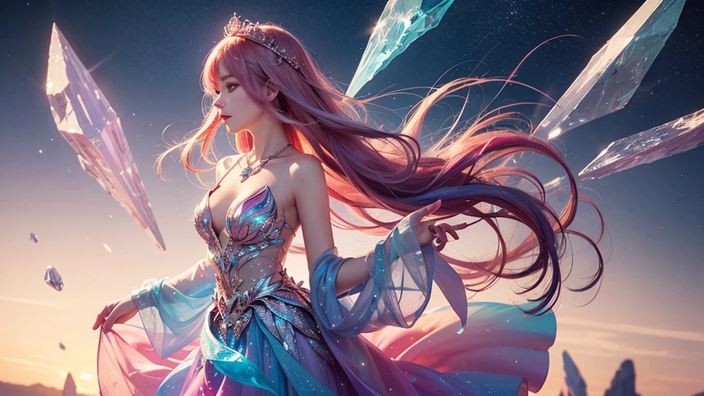 Highest quality,masterpiece,16K,One girl, bangs, Exposing shoulders, chest, Crown, crystallization, dress, From the side, gem,Colorful crystallizations,Crystal Headwear,There are many crystallizations on the clothes,Colorful Gradient Hair,カラフルなdress,Colorful crystals floating,Body crystals,Crystal Necklace,Colorful crystallization decoration,crystalline girl, Gradient Hair, jewelry, Long Hair, compensate, medium chest, Multicolored Hair, Pink Hair, alone, tiara