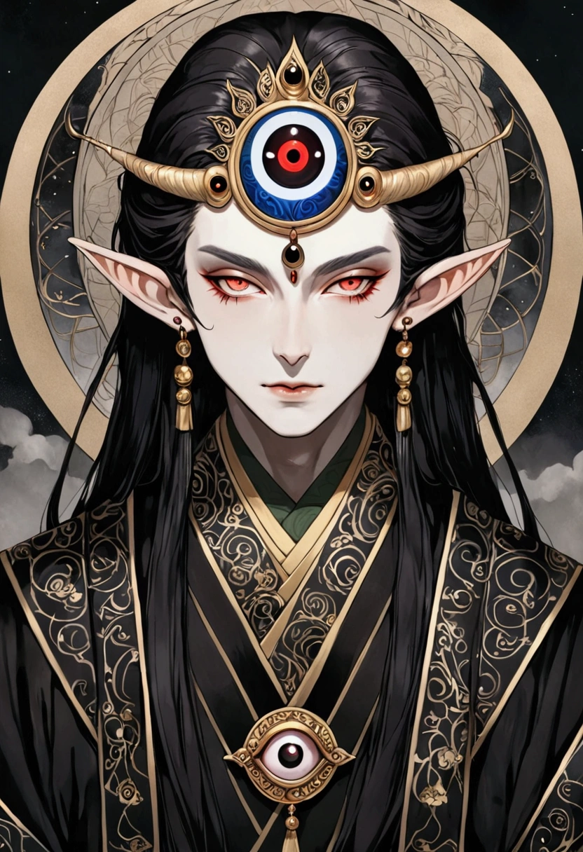 Dark illustration,(((1 Prince,独奏,third eye on the forehead,Dark eyeshadow.Elf ears))),(((Japanese clothing:1.6))).whole body