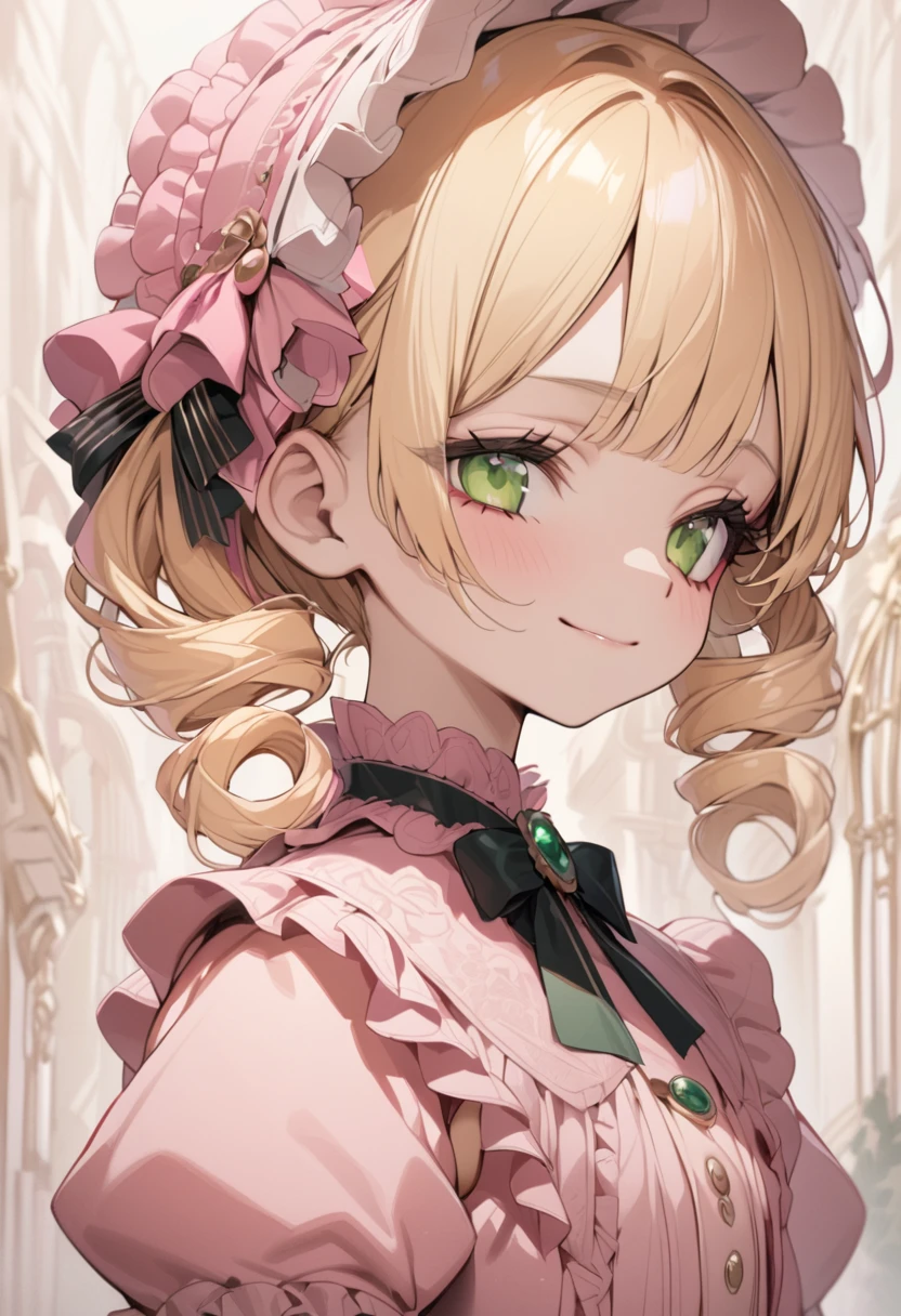 Blonde hair,ringlet,emerald green eyes,long eyelashes,light pink victorian dress,puffy short sleeves,frilled dress,frilly wide brimmed Bonnet with bows,fringe bangs,bustshot,masterpiece,highress,soft smile,bishoujo,peterpan collar,sideview,facing away,solo,(pink clothes),ball joins,doll joints,