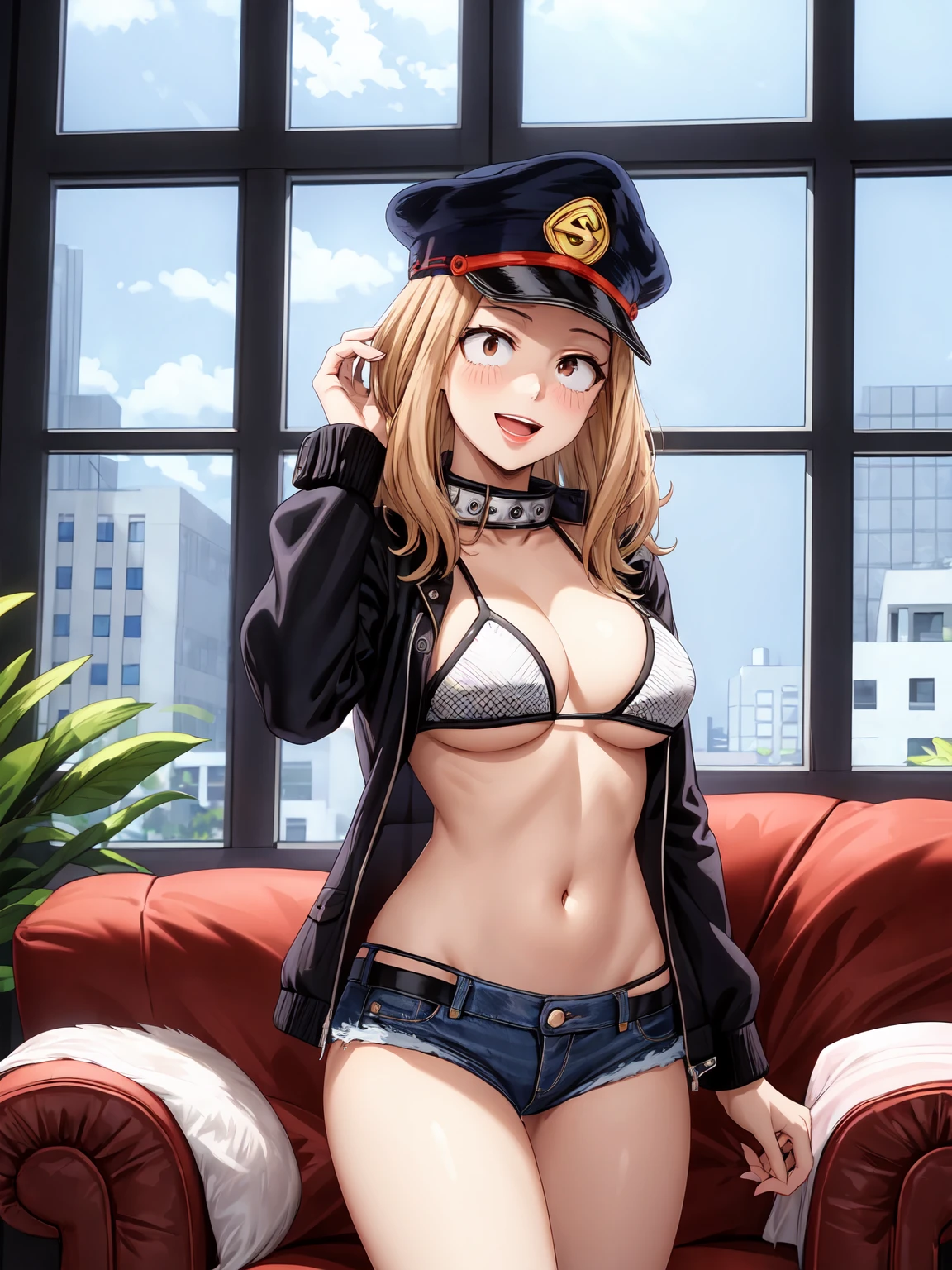 Masterpiece ,best quality , high resolution , (face view , look at view , head back , from back , from behind) , (1 girl solo:1.38) , (camie, long hair, brown hair, brown eyes, peaked cap , lipstick , eyeliner)) , (slim , tall , slender , thin) , (cleavage:1.05) , (big breast:1.06) , (wear bikini , jacket , belly , denim_micro_short , fishnet stockinhs) , (indoor , windows , sofa) , (open mouth , smile , full face blush , shy ) , (standing , thighs ) , (cowboy_shot)