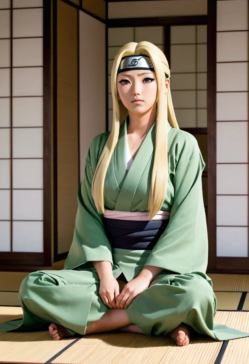 Tsunade from “NARUTO” is depicted with a confident and approachable demeanor. She has shoulder-length blonde hair that frames her face, with a prominent diamond-shaped mark on her forehead, signifying her immense chakra reserves and healing abilities. Her eyes are a warm brown, conveying both wisdom and strength. Tsunade is wearing a traditional outfit consisting of a green haori over a grey, sleeveless kimono-style blouse with a deep neckline, and it’s tied with a broad, dark obi. She is seated in a cozy, traditional Japanese room with sliding shoji doors and wooden floors, adding to the serene atmosphere. Her expression is calm and welcoming, reflecting her role as the wise and powerful Fifth Hokage, big breasted, ultra detail face, full body, mountain,