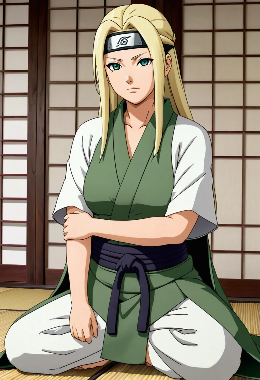Tsunade from “NARUTO” is depicted with a confident and approachable demeanor. She has shoulder-length blonde hair that frames her face, with a prominent diamond-shaped mark on her forehead, signifying her immense chakra reserves and healing abilities. Her eyes are a warm brown, conveying both wisdom and strength. Tsunade is wearing a traditional outfit consisting of a green haori over a grey, sleeveless kimono-style blouse with a deep neckline, and it’s tied with a broad, dark obi. She is seated in a cozy, traditional Japanese room with sliding shoji doors and wooden floors, adding to the serene atmosphere. Her expression is calm and welcoming, reflecting her role as the wise and powerful Fifth Hokage, big breasted, ultra detail face, full body, mountain,