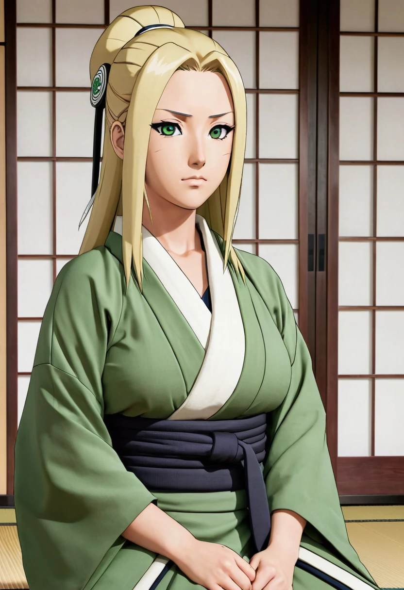 Tsunade from “NARUTO” is depicted with a confident and approachable demeanor. She has shoulder-length blonde hair that frames her face, with a prominent diamond-shaped mark on her forehead, signifying her immense chakra reserves and healing abilities. Her eyes are a warm brown, conveying both wisdom and strength. Tsunade is wearing a traditional outfit consisting of a green haori over a grey, sleeveless kimono-style blouse with a deep neckline, and it’s tied with a broad, dark obi. She is seated in a cozy, traditional Japanese room with sliding shoji doors and wooden floors, adding to the serene atmosphere. Her expression is calm and welcoming, reflecting her role as the wise and powerful Fifth Hokage, big breasted, ultra detail face, full body, mountain,