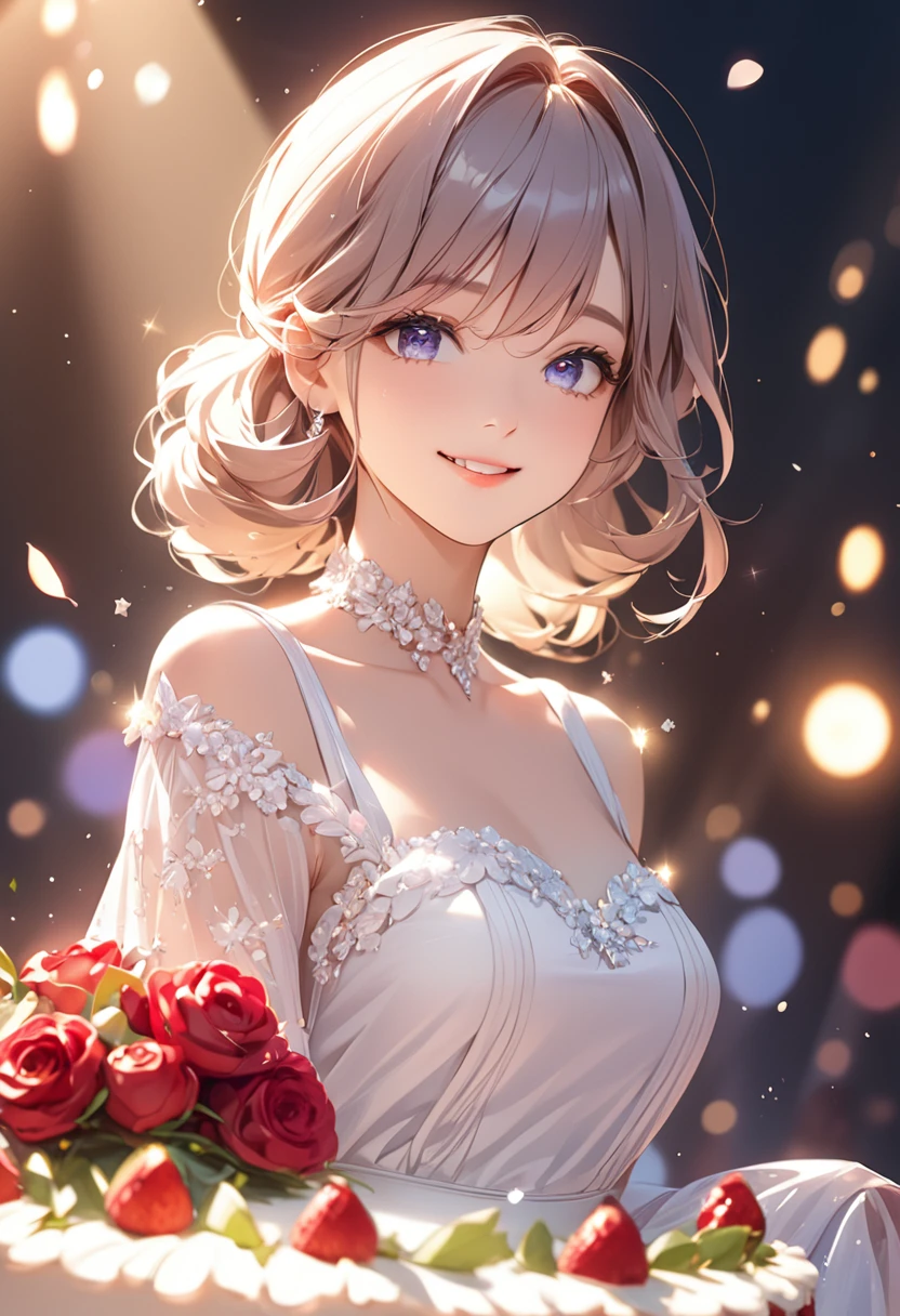 (masterpiece:1.5),(Beat quality),(high res),1girl solo,beautiful face,smile(shining eyes),upper body,light effects,Women in dresses,celebration cake