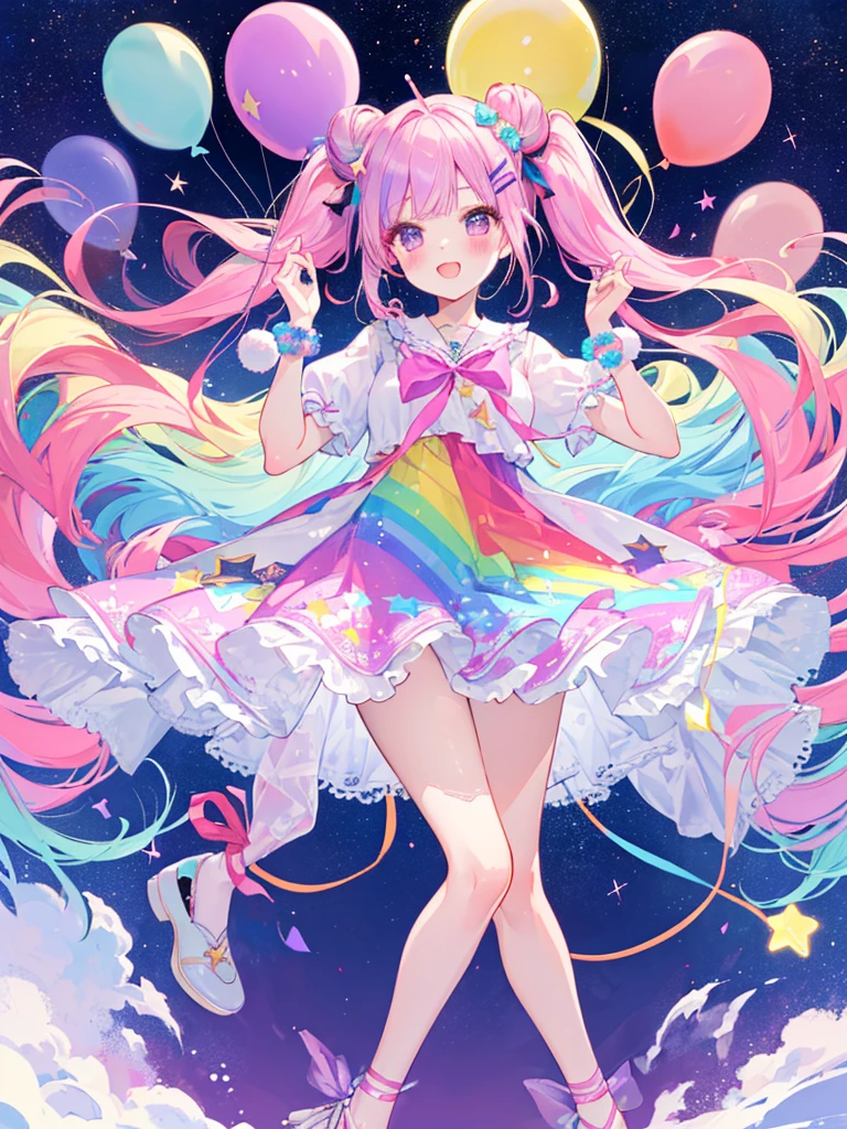(whole body, legs and shoes visible: 1.2)) Expressive eyes, One girl, Pale skin, Long Hair, Windblown Hair, ((absurdly Long Hair)), Long Side Lock, Princess bangs, Hair bangs, Hair Bun, ((Very long twin tails)), Rainbow Hair, Light pink hair, blush, full face blush, big sparkling Pastel Purple eyes, (Gradient Eye), Laughing with your mouth open, cute pose, ((Holding a balloon : 1.3)) ((cute and pastel fashion)) ((🦄🎠🎈🎉 theme : 1.4)) A loose pastel dress, ((Dreamy multi-colored open dress)), (Floating ribbon), Lavender Frill, Pink frills, (Light blue lace), Removable short sleeves, Fluffy skirt, ((Rainbow and star printed skirt : 1.3)), Lolita Skirt, Purple ribbon, ((pom pom ribbon hair ornament : 1.4)), Multiple Bows, Striped lace stockings, (heart型のレッグガーター), cute (Pastel Purple) shoes ((Ultra-detailed clothing and fashion)) I&#39;m watching you, Vintage Girl, blush, (Beautiful attention to detail), (Highly detailed CG Unity 8k wallpaper) (Best Shadow), ((Very delicate and beautiful)), (Detailed light), ((Depth of written boundary)) Big Head, Big, bright eyes, Moe, Splash Art, Cinema Lighting, Front view, volumetric lighting maximalist photo illustration k resolution high resolution intricate detailed complex key visuals precise linear ((Dreamy pastel sky background, Surrounded by sunset clouds, shooting star, Castle above the clouds)) ((Ultra-detailed landscapes, Foggy clouds, Hung by balloons, heart : 1.3))