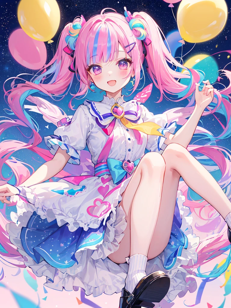 (whole body, legs and shoes visible: 1.2)) Expressive eyes, One girl, Pale skin, Long Hair, Windblown Hair, ((absurdly Long Hair)), Long Side Lock, Princess bangs, Hair bangs, Hair Bun, ((Very long twin tails)), Rainbow Hair, Light pink hair, blush, full face blush, big sparkling Pastel Purple eyes, (Gradient Eye), Laughing with your mouth open, cute pose, ((Holding a balloon : 1.3)) ((cute and pastel fashion)) ((🦄🎠🎈🎉 theme : 1.4)) A loose pastel dress, ((Dreamy multi-colored open dress)), (Floating ribbon), Lavender Frill, Pink frills, (Light blue lace), Removable short sleeves, Fluffy skirt, ((Rainbow and star printed skirt : 1.3)), ta Skirt, Purple ribbon, ((pom pom ribbon hair ornament : 1.4)), Multiple Bows, Striped lace stockings, (heart型のレッグガーター), cute (Pastel Purple) shoes ((Ultra-detailed clothing and fashion)) I'm watching you, Vintage Girl, blush, (Beautiful attention to detail), (Highly detailed CG Unity 8k wallpaper) (Best Shadow), ((Very delicate and beautiful)), (Detailed light), ((Depth of written boundary)) Big Head, Big, bright eyes, Moe, Splash Art, Cinema Lighting, Front view, volumetric lighting maximalist photo illustration k resolution high resolution intricate detailed complex key visuals precise linear ((Dreamy pastel sky background, Surrounded by sunset clouds, shooting star, Castle above the clouds)) ((Ultra-detailed landscapes, Foggy clouds, Hung by balloons, heart : 1.3))