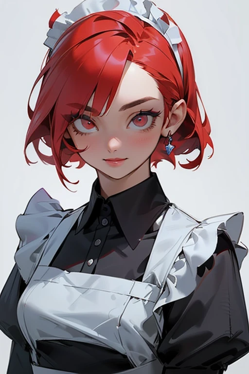 (masterpiece), ((best quality)), (super detailed), (beautiful eyes beautiful details eyes, Clean and delicate face, upper body), solo, (Red bob hair, red eyes:1.35), (maid costume, white maid headband), (Eyelid, Pupil, Sclera, Iris), (purple eye shadow:1.2), smile, lips apart, simple background, looking at viewer