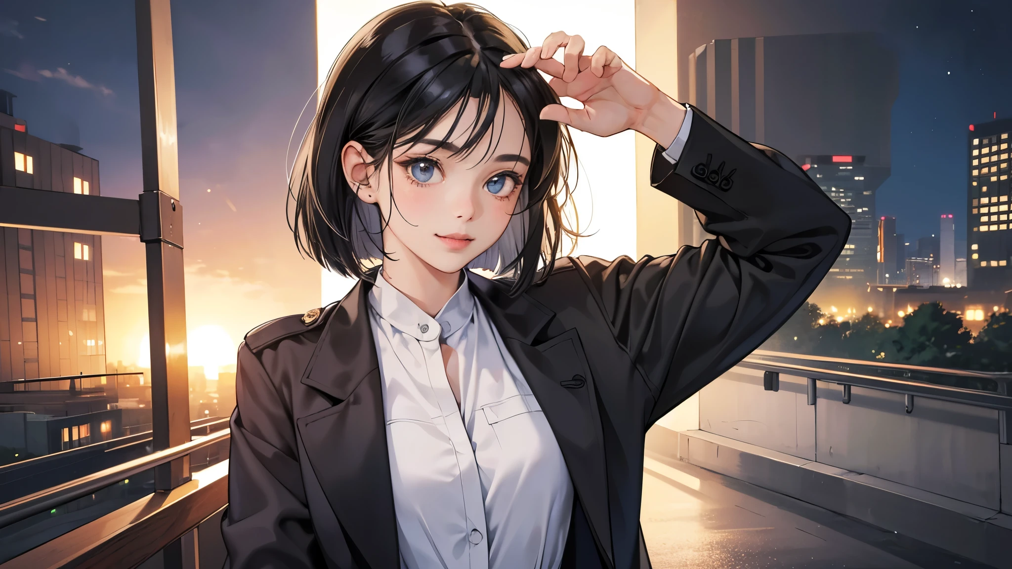 (perfect anatomy:1.2)(absurdres, highres, ultra detailed),masterpiece,best quality,high resolution,8k,Realistic face,Realistic skin texture,magnified textures, stunning clarity,detailed anime girl,(ultra detailed eyes and face),(1 girl:1.7)21years old,she is office worker,,smile:1.2,black hair, bob cut,natural make,grey jacket and pants,black brouse,,sparkling eyes.small nose,roundface、just left the office when it was time to leave,night, bussines district,she is walking,happy,she just leave her company,upper body