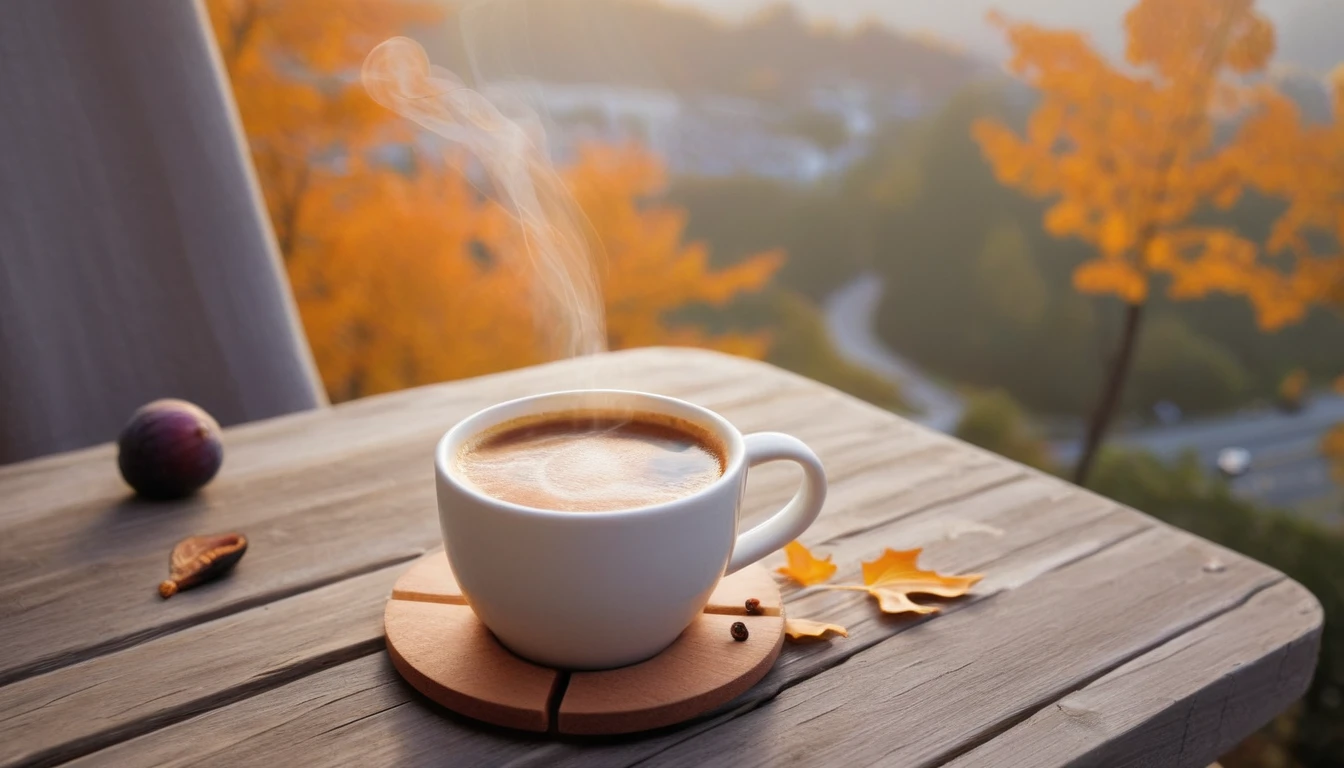 Create an image of a cozy washington autumn atmosphere by featuring a steaming hot americano cup on a wooden coaster.first person view, The cup is adorned with a design of fallen leaves that matches the orange leaves scattered around it. Ripe and cut figs lie nearby, and the scene is illuminated by the warm light of the morning sun, which hints at a peaceful morning atmosphere. This atmosphere is enhanced by the potted plants that add to the serene atmosphere. and the beautiful natural scenery in the background.