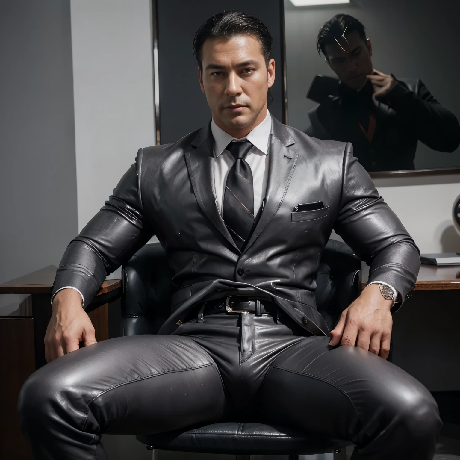 30 years old, The young daddy, very handsome, "shiny suit",wear white shirt, very glossy pants, necktie, waistcoat, shiny satin trousers, wear leather belts, dark gray satin fabric ,Dad sit back against the chair and spread your legs, k hd,in the office,"big muscle", "Dad is so big" ,black hair,asia face,masculine,strong man,the boss is,handsome,,leather gloves,lecherous dad,look straight ahead,dad is handsome,dad is handsome, dad is "big horny daddy"