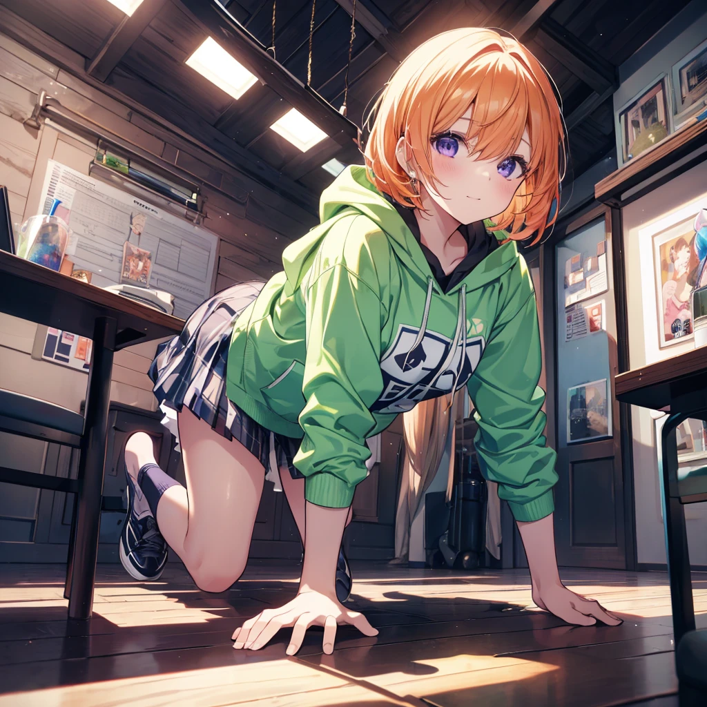 (Recall,push ups:1.3),(Camel Toe:1.3),Highest quality,Best image quality,Perfect Anatomy,masterpiece,Ultra-detailed,beautiful,super high quality, Highest quality,High resolution, Very detailed,Game CG,Dutch Angle ,beautiful細部までこだわった目,Visual Arts,Five Fingers, Perfect hands,Hide your hands, {{{One Girl}}}, beautiful詳細な女の子, Game CG, Spring flower, One curl on the outside, Short Bob Hair, Pastel orange hair, Purple eyes,Stylish accessories solo, breast enhancement, Medium Shoot, woman, Take-out, Laughter, huge ,,Pastel green checkered mini skirt,Black knee-highs, {{{{{Wearing a pastel green hoodie}}}}},Open your mouth, Daytime Classroom, wonderful, beautiful細部までこだわった目, Highest quality, Very delicate,Masseter muscle area,Highest quality,(Official Art、Highest quality、Unity 8k wallpaper、32K、masterpiece、Ultra-detailed、超High resolution、Realistic、Photorealistic:1.2)、(Cinema Lighting:1.2)、Fire Glow Effect、The most grainy shadows on the film、Side light、Side Shot、(Ultra-detailedで複雑な3Dレンダリング)、Atelier Series,