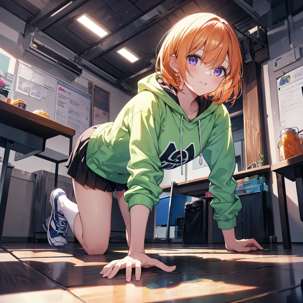 (Recall,push ups:1.3),(Camel Toe:1.3),Highest quality,Best image quality,Perfect Anatomy,masterpiece,Ultra-detailed,beautiful,super high quality, Highest quality,High resolution, Very detailed,Game CG,Dutch Angle ,beautiful細部までこだわった目,Visual Arts,Five Fingers, Perfect hands,Hide your hands, {{{One Girl}}}, beautiful詳細な女の子, Game CG, Spring flower, One curl on the outside, Short Bob Hair, Pastel orange hair, Purple eyes,Stylish accessories solo, breast enhancement, Medium Shoot, woman, Take-out, Laughter, huge ,,Pastel green checkered mini skirt,Black knee-highs, {{{{{Wearing a pastel green hoodie}}}}},Open your mouth, Daytime Classroom, wonderful, beautiful細部までこだわった目, Highest quality, Very delicate,Masseter muscle area,Highest quality,(Official Art、Highest quality、Unity 8k wallpaper、32K、masterpiece、Ultra-detailed、超High resolution、Realistic、Photorealistic:1.2)、(Cinema Lighting:1.2)、Fire Glow Effect、The most grainy shadows on the film、Side light、Side Shot、(Ultra-detailedで複雑な3Dレンダリング)、Atelier Series,