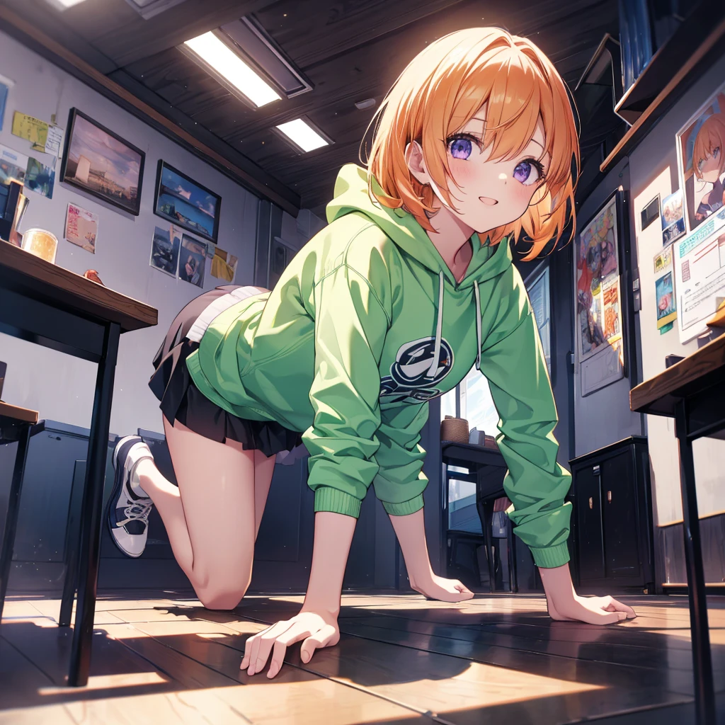 (Recall,push ups:1.3),(Camel Toe:1.3),Highest quality,Best image quality,Perfect Anatomy,masterpiece,Ultra-detailed,beautiful,super high quality, Highest quality,High resolution, Very detailed,Game CG,Dutch Angle ,beautiful細部までこだわった目,Visual Arts,Five Fingers, Perfect hands,Hide your hands, {{{One Girl}}}, beautiful詳細な女の子, Game CG, Spring flower, One curl on the outside, Short Bob Hair, Pastel orange hair, Purple eyes,Stylish accessories solo, breast enhancement, Medium Shoot, woman, Take-out, Laughter, huge ,,Pastel green checkered mini skirt,Black knee-highs, {{{{{Wearing a pastel green hoodie}}}}},Open your mouth, Daytime Classroom, wonderful, beautiful細部までこだわった目, Highest quality, Very delicate,Masseter muscle area,Highest quality,(Official Art、Highest quality、Unity 8k wallpaper、32K、masterpiece、Ultra-detailed、超High resolution、Realistic、Photorealistic:1.2)、(Cinema Lighting:1.2)、Fire Glow Effect、The most grainy shadows on the film、Side light、Side Shot、(Ultra-detailedで複雑な3Dレンダリング)、Atelier Series,