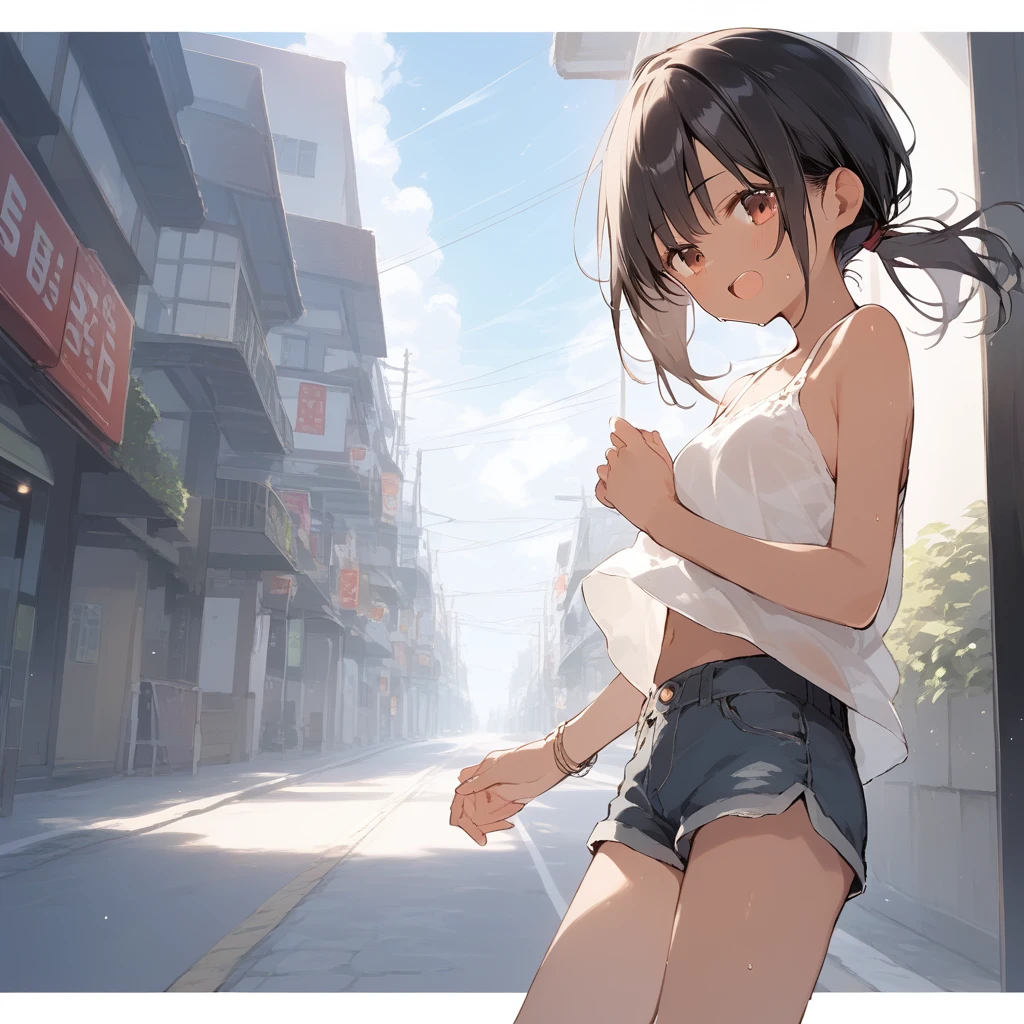 score_9, score_8_up, score_7_up, source_anime, best quality, masterpiece, official art, absurdres, highres, ultra-detailed,waifu2x,Collection: Slice of Life,break,1girl, tomboy, dark-skinned female, short hair, low ponytail, small breasts, beautiful detailed eyes, short shorts, sweat, open mouth, (yawn:0.3), sleepily, outdoors, wind,break,(clear line illustration:1.2), super detailed skin,very high resolution, very aesthetic, Best sexual lighting powered by famous artist, 8k,cute picture,beauty illustration,photoshop_(medium),,(Detailed Lighting),best anime 8k konachan wallpaper, pixiv contest winner,
