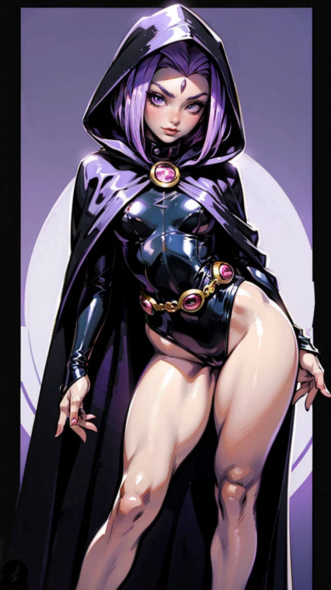 illustration of Raven from DC Comics, 1 girl, Raven, high collar, black leotard, black cape, hooded cloak, cabelo roxo, head jeEmel, purples eyes, shorth hair, belt, stretched skin, standing, neckleace, toned, pose sensual e sexy