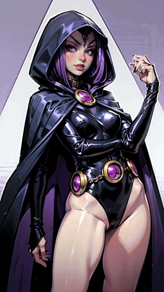 illustration of Raven from DC Comics, 1 girl, Raven, high collar, black leotard, black cape, hooded cloak, cabelo roxo, head jeEmel, purples eyes, shorth hair, belt, stretched skin, standing, neckleace, toned, pose sensual e sexy