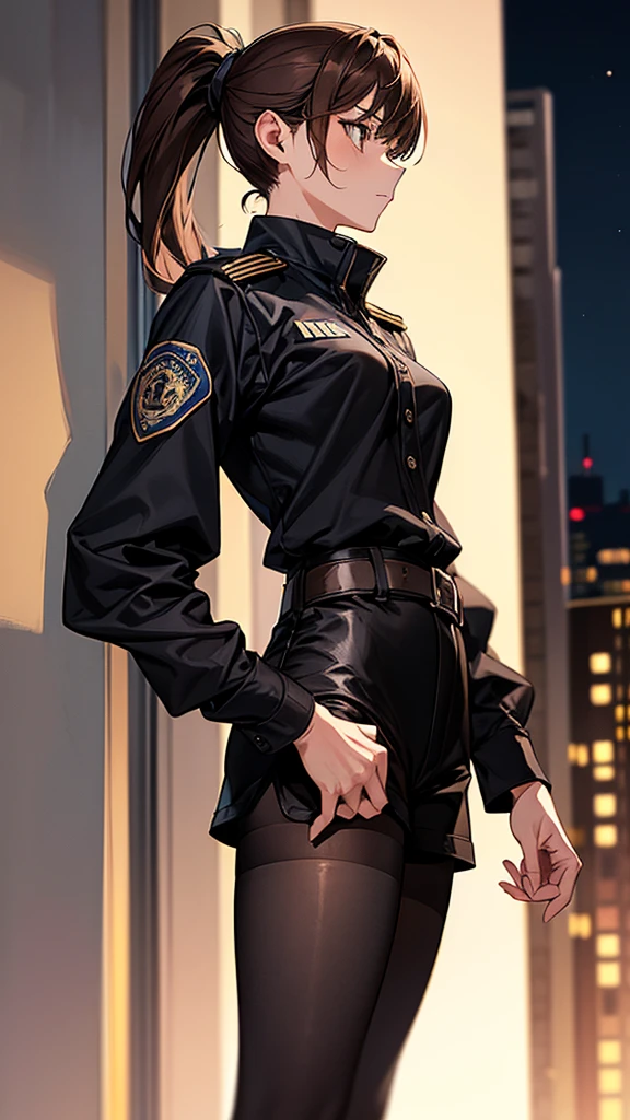 {{masterpiece}}, {{{best quality}}},{{ultra-detailed}}, {{illustration}},{{tall stature}},{{adult women}},((Black tights and shorts)),Small breasts,Slender,{{Hands on hips}},((Leggings with integrated shorts)), Female police officer Cowboy Shot A strong expression Brown hair ponytail Place your hands on your knees 1 female,alone, Downtown at night long sleeve police uniform Black pantyhose View from below Black Belt