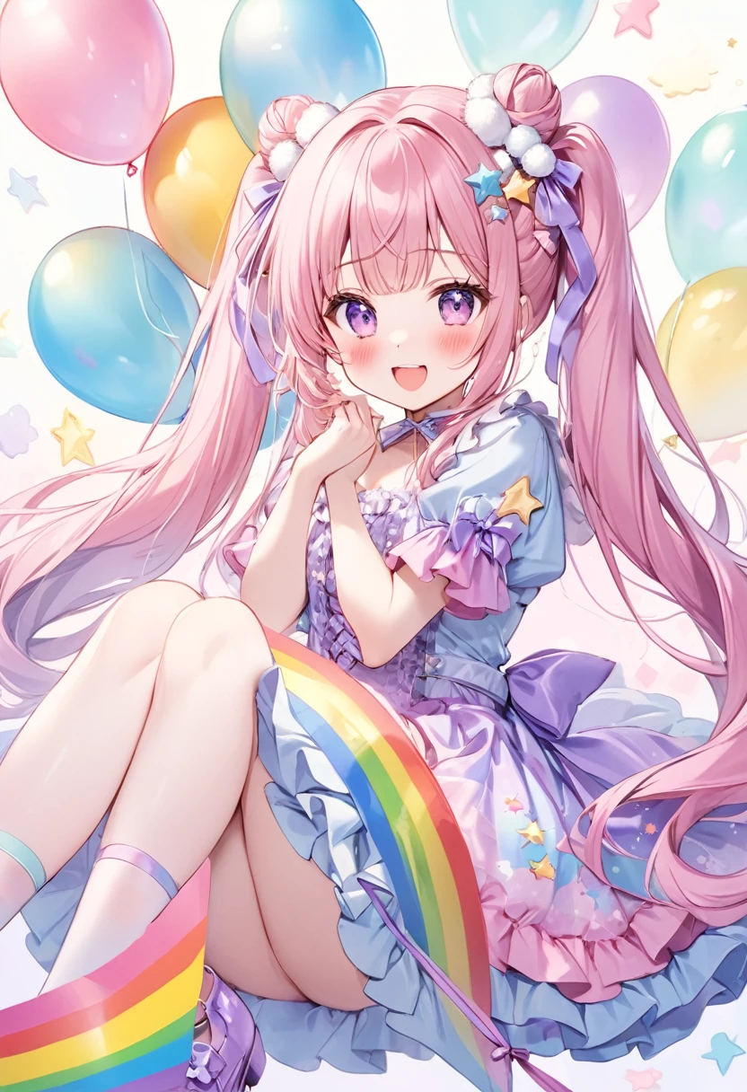 (whole body, legs and shoes visible: 1.2)) Expressive eyes, One girl, Pale skin, Long Hair, Windblown Hair, ((absurdly Long Hair)), Long Side Lock, Princess bangs, Hair bangs, Hair Bun, ((Very long twin tails)), Rainbow Hair, Light pink hair, blush, full face blush, big sparkling Pastel Purple eyes, (Gradient Eye), Laughing with your mouth open, cute pose, ((Holding a balloon : 1.3)) ((cute and pastel fashion)) ((🦄🎠🎈🎉 theme : 1.4)) A loose pastel dress, ((Dreamy multi-colored open dress)), (Floating ribbon), Lavender Frill, Pink frills, (Light blue lace), Removable short sleeves, Fluffy skirt, ((Rainbow and star printed skirt : 1.3)), ta Skirt, Purple ribbon, ((pom pom ribbon hair ornament : 1.4)), Multiple Bows, Striped lace stockings, (heart型のレッグガーター), cute (Pastel Purple) shoes ((Ultra-detailed clothing and fashion)) I'm watching you, Vintage Girl, blush, (Beautiful attention to detail), (Highly detailed CG Unity 8k wallpaper) (Best Shadow), ((Very delicate and beautiful)), (Detailed light), ((Depth of written boundary)) Big Head, Big, bright eyes, Moe, Splash Art, Cinema Lighting, Front view, volumetric lighting maximalist photo illustration k resolution high resolution intricate detailed complex key visuals precise linear ((Dreamy pastel sky background, Surrounded by sunset clouds, shooting star, Castle above the clouds)) ((Ultra-detailed landscapes, Foggy clouds, Hung by balloons, heart : 1.3))