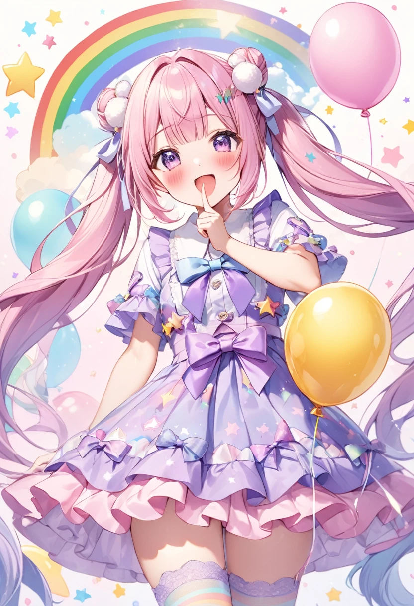 (whole body, legs and shoes visible: 1.2)) Expressive eyes, One girl, Pale skin, Long Hair, Windblown Hair, ((absurdly Long Hair)), Long Side Lock, Princess bangs, Hair bangs, Hair Bun, ((Very long twin tails)), Rainbow Hair, Light pink hair, blush, full face blush, big sparkling Pastel Purple eyes, (Gradient Eye), Laughing with your mouth open, cute pose, ((Holding a balloon : 1.3)) ((cute and pastel fashion)) ((🦄🎠🎈🎉 theme : 1.4)) A loose pastel dress, ((Dreamy multi-colored open dress)), (Floating ribbon), Lavender Frill, Pink frills, (Light blue lace), Removable short sleeves, Fluffy skirt, ((Rainbow and star printed skirt : 1.3)), ta Skirt, Purple ribbon, ((pom pom ribbon hair ornament : 1.4)), Multiple Bows, Striped lace stockings, (heart型のレッグガーター), cute (Pastel Purple) shoes ((Ultra-detailed clothing and fashion)) I'm watching you, Vintage Girl, blush, (Beautiful attention to detail), (Highly detailed CG Unity 8k wallpaper) (Best Shadow), ((Very delicate and beautiful)), (Detailed light), ((Depth of written boundary)) Big Head, Big, bright eyes, Moe, Splash Art, Cinema Lighting, Front view, volumetric lighting maximalist photo illustration k resolution high resolution intricate detailed complex key visuals precise linear ((Dreamy pastel sky background, Surrounded by sunset clouds, shooting star, Castle above the clouds)) ((Ultra-detailed landscapes, Foggy clouds, Hung by balloons, heart : 1.3))