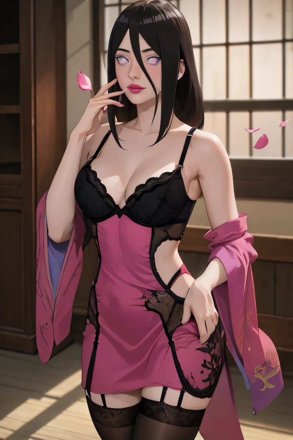 masterpiece, absurdres, hanabi\(boruto\), 1girl, solo,mature female, wearing a sexy dress, opened dress, exposed bra, dark gothic fine lingerie, tits, looking at viewelling petals), perfect composition, detailed lips, breast, beautiful face, body propotion, blush, (pink lips), perfect hair, purple eyes, soft gaze, super realistic, detailed, photoshoot, realistic face and body, thighhighs, standing pose view