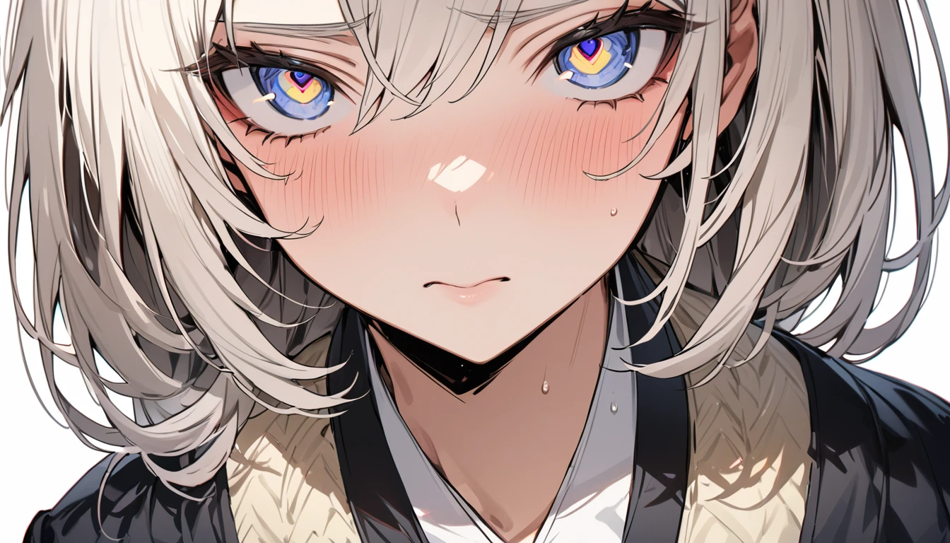 masterpiece, High resolution, perfect face, Japan beauties, 30 years old, beautiful face, white background, high school student, embarrassed look, look at the camera, (top quality eyes), detailed texture, Look at me, Married woman, cool women, ((high resolution eyes)), hentai eye