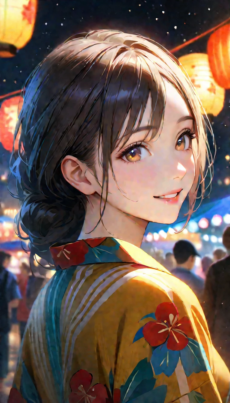 Young woman enjoying the summer festival,night, Starry Sky,Cute Yukata,Gazing at the sky,Blur the background,high school girl,smile,Highest quality, 8k, High resolution, masterpiece:1.2, Very detailed, Realistic:1.37, High resolution, 超High resolution, Ultra-fine painting, Very detailed, Professional, Vibrant colors